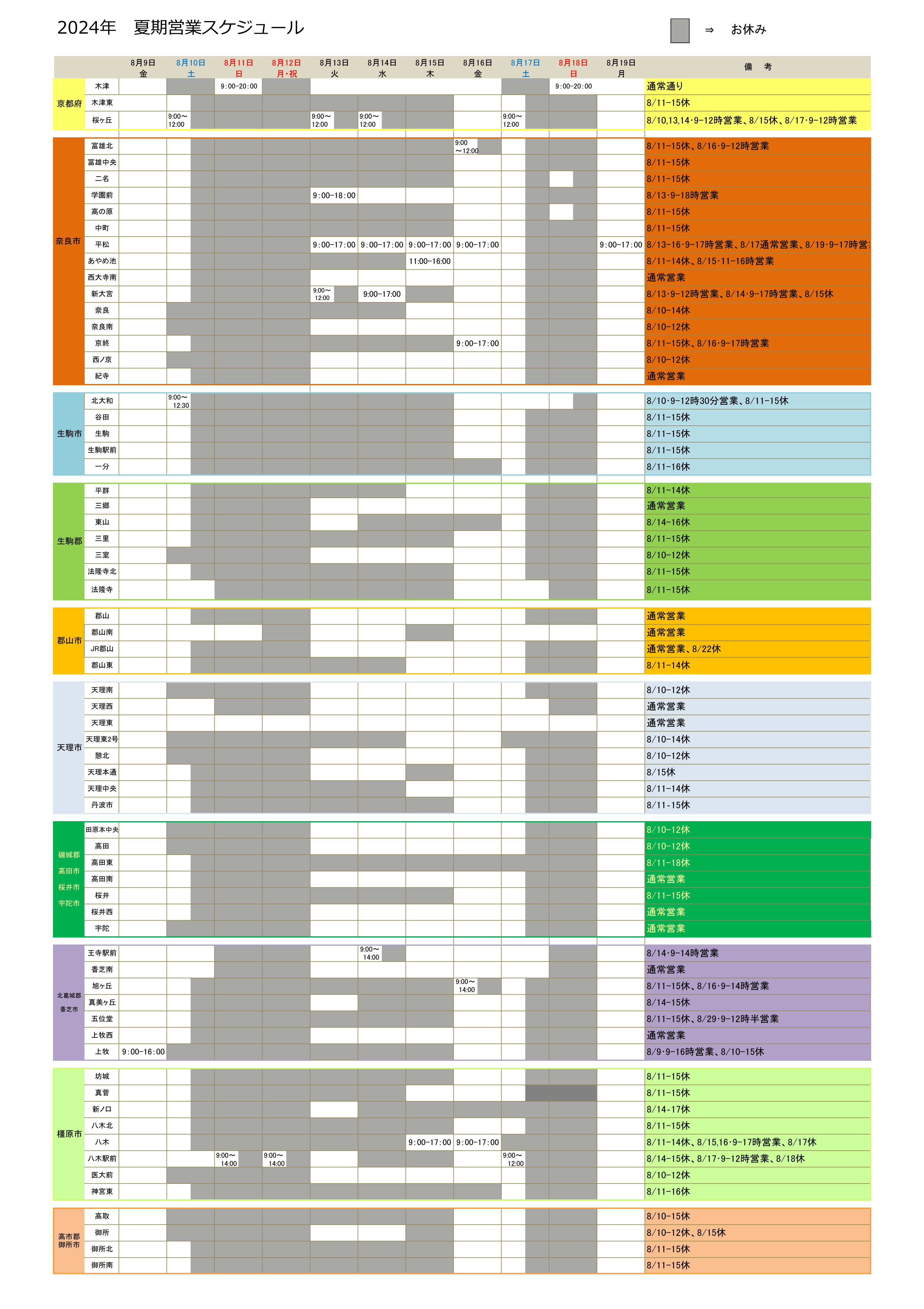 夏期営業スケジュール